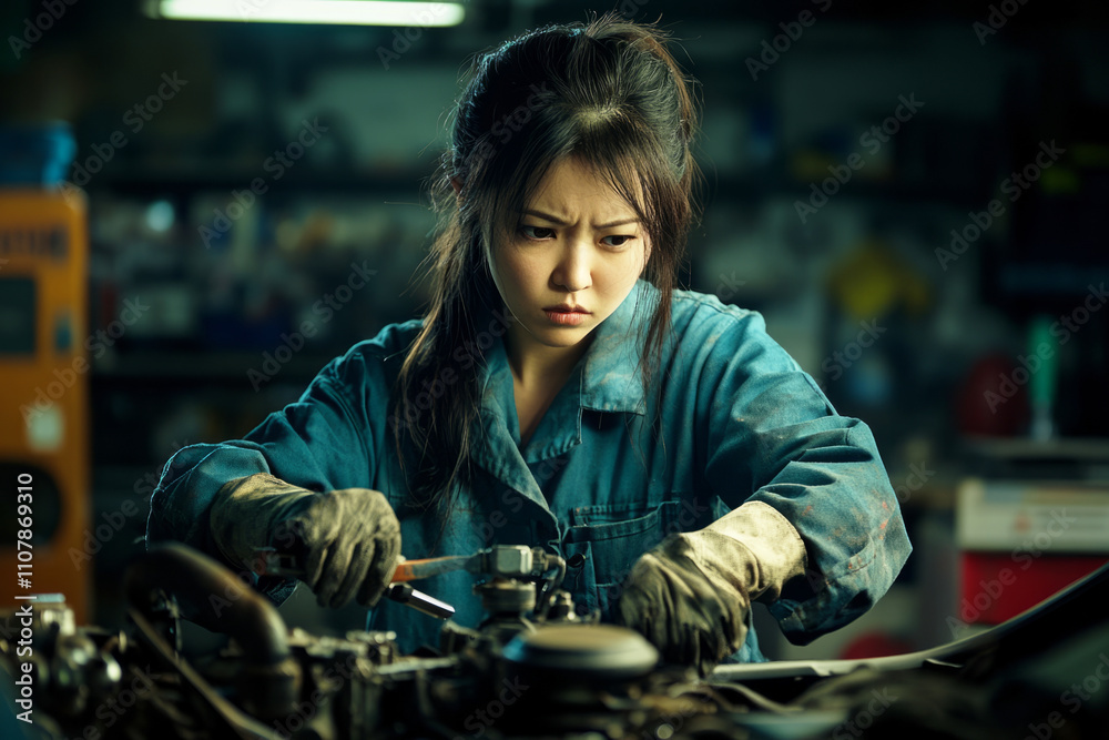 A skilled female mechanic works on a car engine in a well-equipped shop. She wears a jumpsuit and gloves, focused on her task with tools and parts around her A skilled female mechanic works on a car engine in a well-equipped shop. She wears a jumpsuit and gloves, focused on her task with tools and parts around her