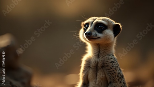 Wallpaper Mural A close-up of a meerkat, 60% face, 40% body. Its alert eyes, small ears, and slender body stand out, surrounded by soft lighting that highlights its vigilant, curious nature. Torontodigital.ca