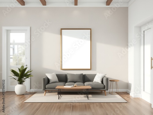 Modern living room mockup featuring empty frame on wall with elegant interior design