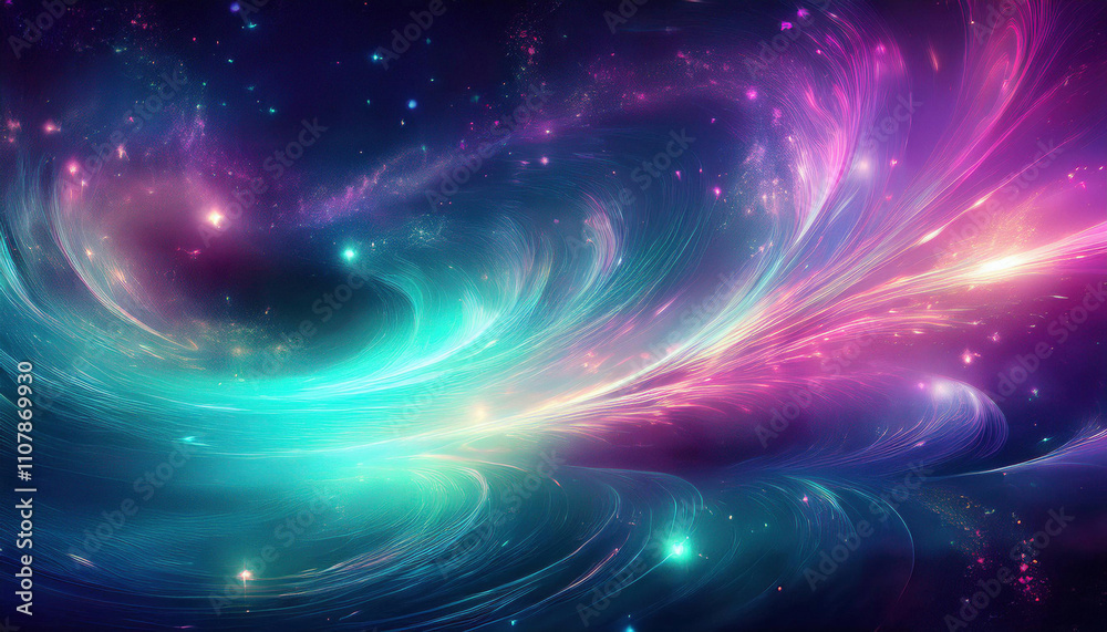Fototapeta premium A vibrant cosmic scene displays swirling colors of turquoise and magenta nebulae against a dark space background with glowing stars.