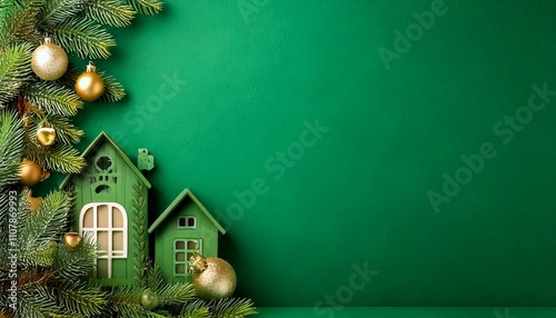 a merry christmas green background with a house