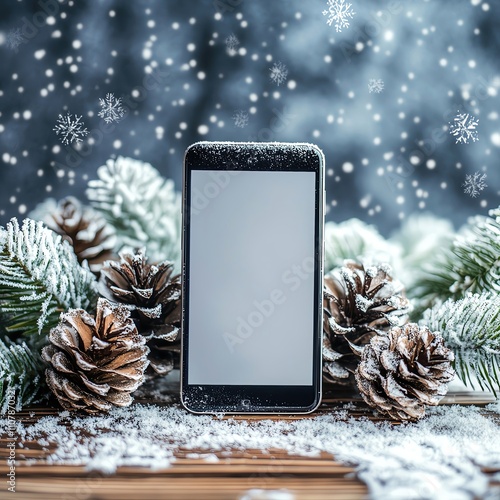 A pastel background, a modern smartphone with a blank screen, placed on a snowy wooden table, surrounded by frostkissed pinecones and soft snowfall ar 169 photo