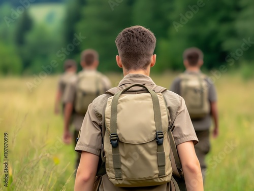 Boy Scouts hiking on a trail, teamwork photo