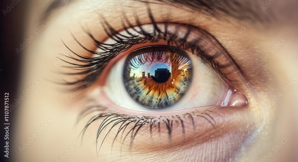Fototapeta premium Close-up of human eye reflecting urban skyline