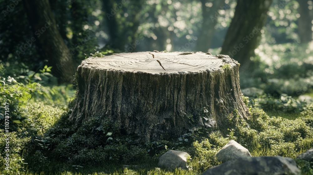 Fototapeta premium A weathered tree stump sits in a lush forest clearing