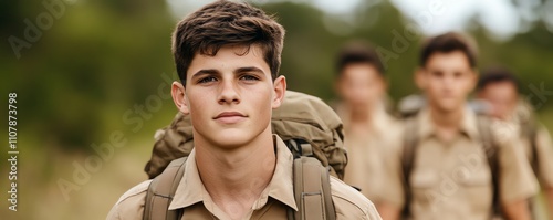 Young man hiking, nature background