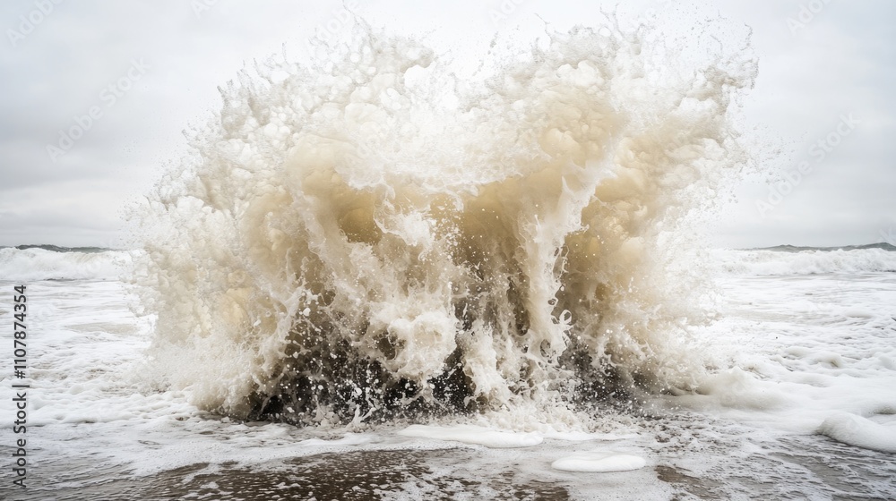 Fototapeta premium Powerful ocean wave breaking on rugged coastline, suitable for travel or nature images
