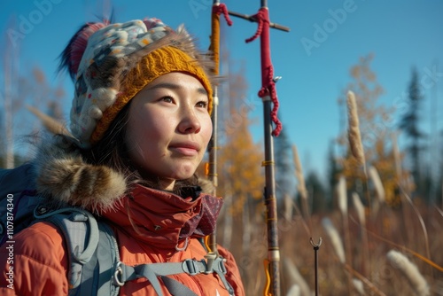 A person trekking through a green meadow, carrying a backpack and using ski poles for support #1107874340