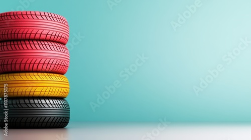 A trio of brightly colored tires stacked horizontally on a light blue background, showcasing modern automotive design trends focusing on style and creativity. photo