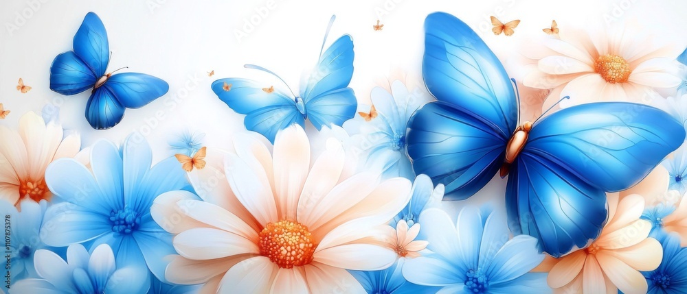 Fototapeta premium A delightful garden scene with prismatic blue butterflies fluttering among bright white and pastel orange daisies, embodying joy, beauty, and serenity through fine art.