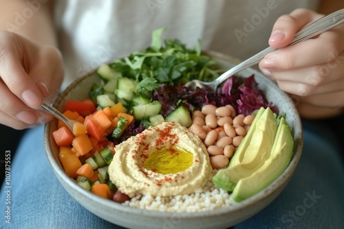 A person enjoying a meal from a bowl photo