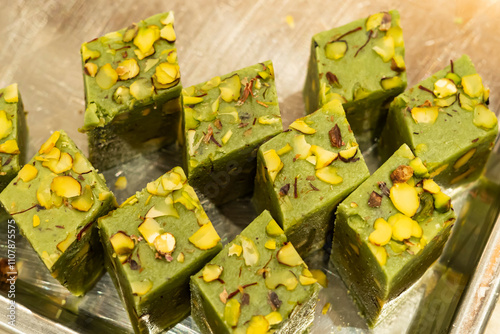 Pista barfi topped with nuts closeup top view of indian, pakistani and bangladeshi sweets dessert photo