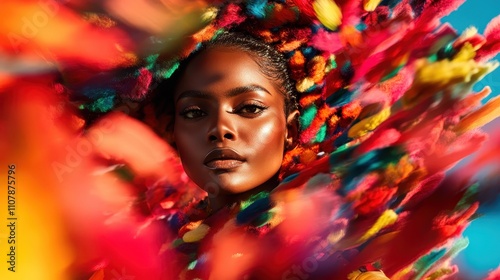 Artistic portrayal of a woman in a colorful feather headdress, capturing cultural richness and abstract beauty, with vivid hues reflecting traditional influences. photo