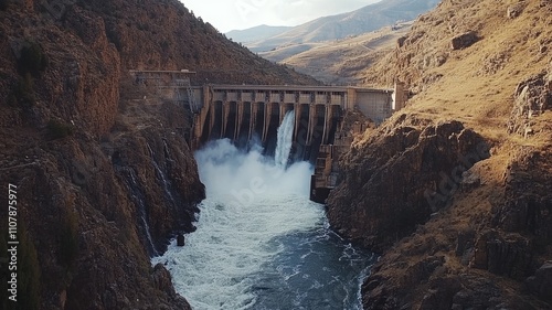 Large dam releasing water between rocky hills Hydroelectric structure in mountainous area