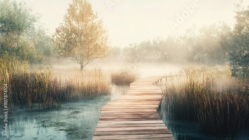 Serene wooden path over calm water through lush, foggy marshland