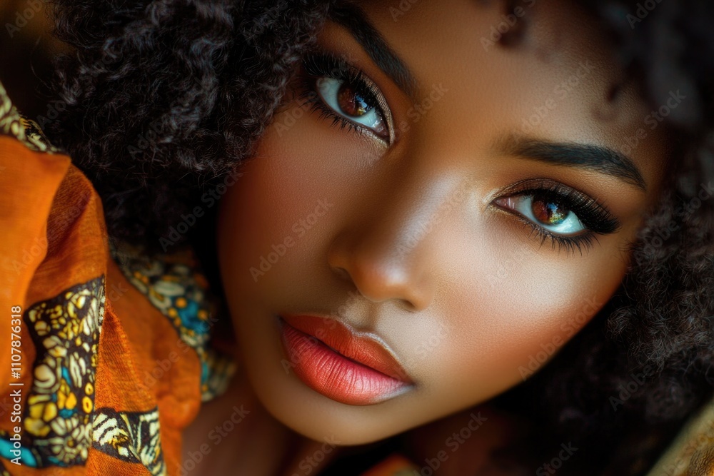 Fototapeta premium Close-up portrait of a woman wearing an orange dress, suitable for fashion or lifestyle photography