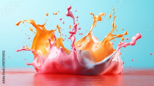 A dynamic and vibrant composition of splashing multicolored paint in mid-air, capturing a moment of creativity, expression, and artistic innovation on canvas. photo