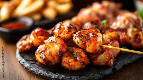 A serving of grilled shrimp wrapped in crispy bacon is elegantly captured on a slate surface, offering a savory visual delight, enhanced with fresh parsley. photo