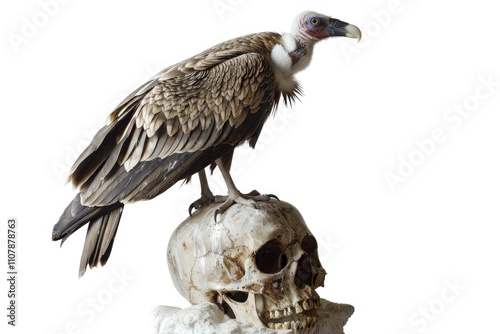 A vulture resting on a human skull, with a sense of eeriness photo