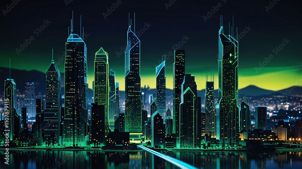 Obraz premium Neon Cyberpunk Cityscape at Night with Reflective Water V2