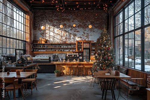 Empty coffee shop interior decorated for christmas with exposed brick walls