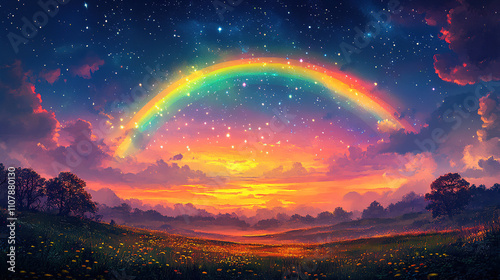 Majestic rainbow stretches across a vibrant sunset sky over a tranquil meadow filled with wildflowers. Generative AI