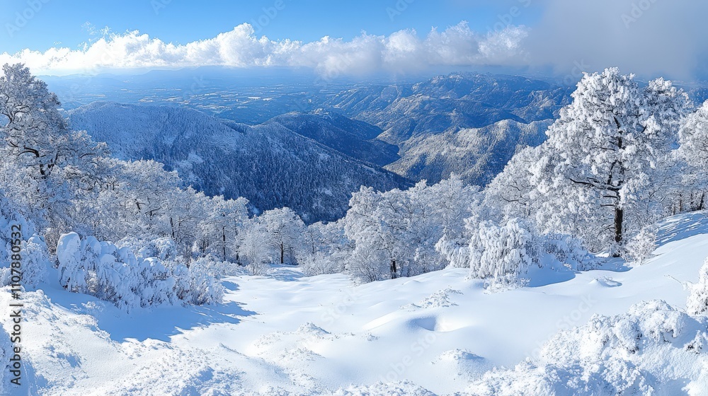 Obraz premium A serene winter landscape showcasing snow-covered mountains and trees under a clear sky.
