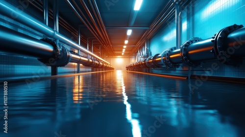 A sleek industrial hallway features parallel pipelines with water on the ground, glowingly illuminated, giving a futuristic, high-tech ambiance. photo