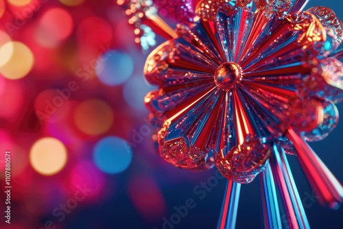 A close-up shot of a decorative piece featuring red and blue colors, great for use in designs related to holidays, parties or events photo