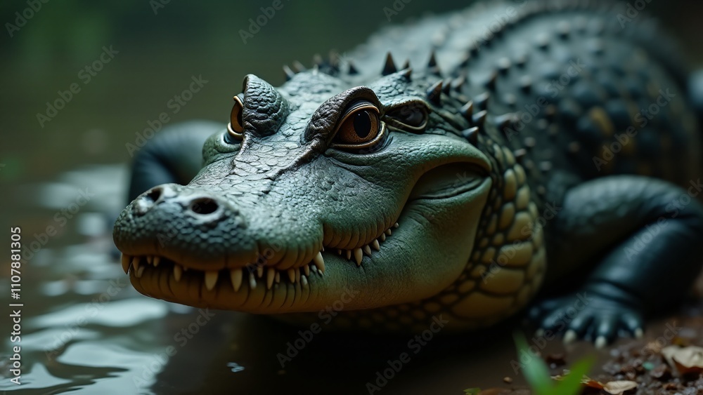 Obraz premium A close-up of an alligator, 60% face, 40% body. Its fierce eyes, sharp teeth, and rough scales stand out against a softly blurred swamp backdrop, showcasing its raw power and deadly beauty.