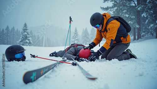 Ski instructor providing first aid to a fallen skier on a snowy slope