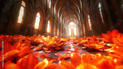 A captivating scene set inside a grand, illuminated cathedral that features high arched windows. The floor is covered with vibrant orange flowers, creating a sea of petals that extends into the distan photo