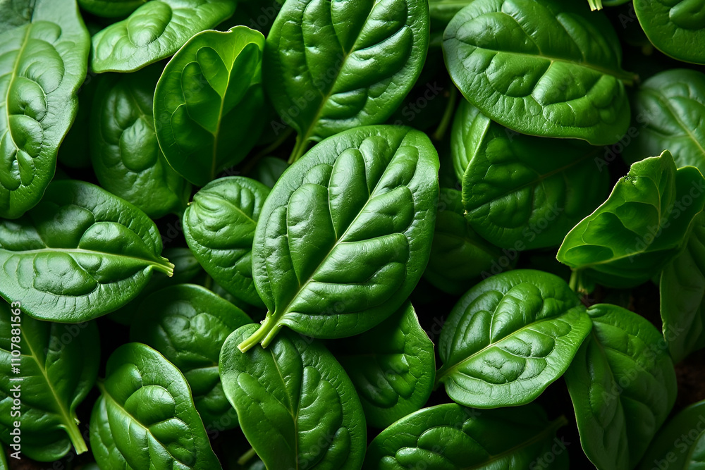 Fototapeta premium Top view on fresh organic spinach leaves. Healthy green food and vegan background