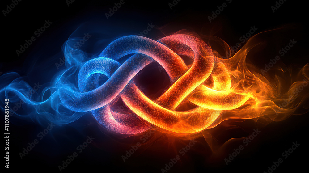Obraz premium Dynamic interplay of blue and orange waves creating a vibrant knot design on a dark background. Generative AI