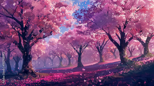 Cherry blossom tree-lined street, with blossoms covering the road in a blanket of soft pink.