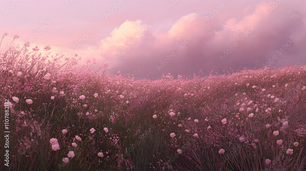 Naklejka premium Pink wildflowers in a field at sunset under a cloudy sky.