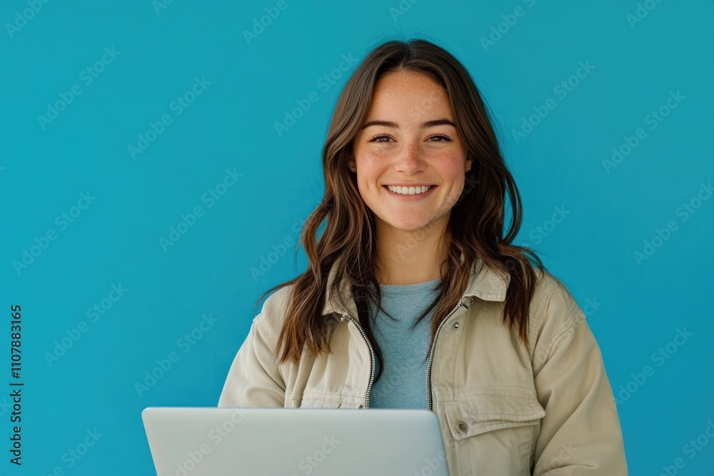 Woman working with laptop, blue wall Woman working with laptop, blue wall