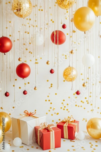 Illustration of gold and red ornaments hanging from the top of the photo ,colorful gift box with ribbons are on floor , white background.