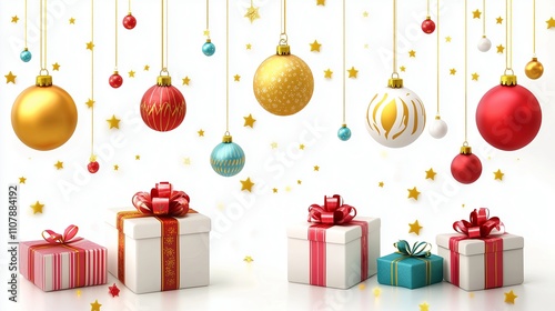 Illustration of gold and red ornaments hanging from the top of the photo ,colorful gift box with ribbons are on floor , white background.