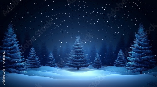 Illustration of a blue Christmas tree with glowing lights on a dark background.