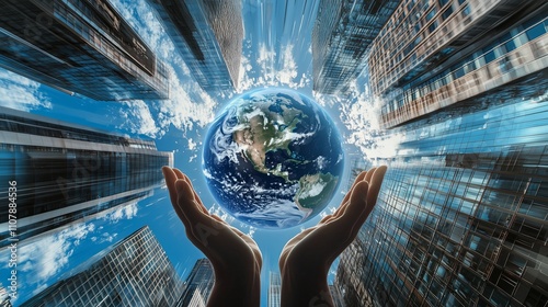 Illustration of the Earth on palm hands , high building in the background.