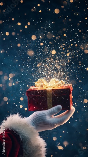 Illustration of a magical, glowing a beautiful gift box being put on palm hands by Santa Claus and sparkles flying around it against a dark blue background.