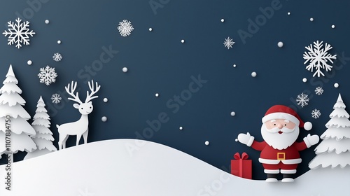 Illustration of A cute Christmas-themed border with trees, white reindeer on dark blue background.