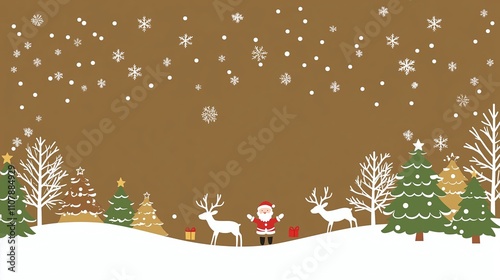 Illustration of A cute Christmas-themed border with trees, white reindeer, and a happy Santa Claus  on gold brown background.
