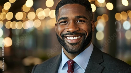 Professional man with a confident smile stands against a backdrop of warm lights in a social setting photo