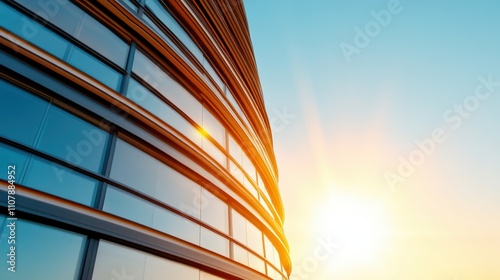 As the sun sets, its warm glow shines through the elegantly curved glass facade of a gleaming modern building, showcasing architectural beauty and light play. photo