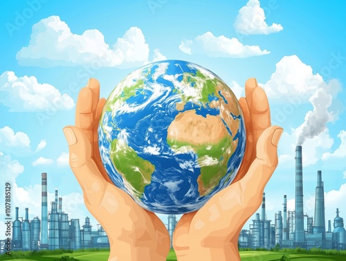 Illustration of the Earth on palm hands , industrial plants in the background.