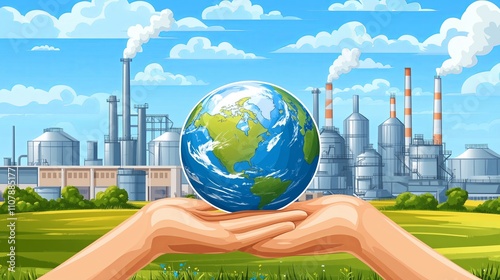 Illustration of the Earth on palm hands , industrial plants in the background.