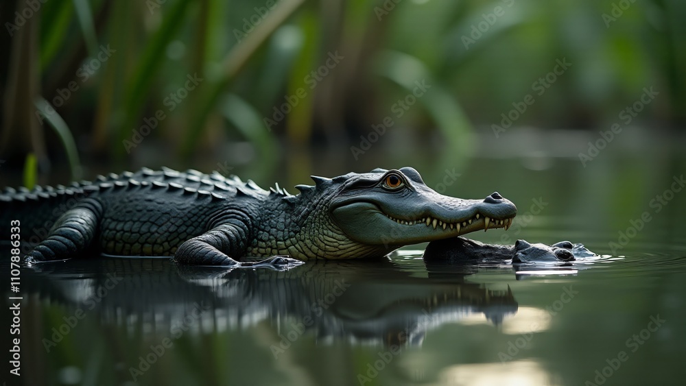 Fototapeta premium A mother alligator watches over her baby by the swamp. Their bond is highlighted by the calm waters and soft lighting, evoking a sense of care and protection in the wild.