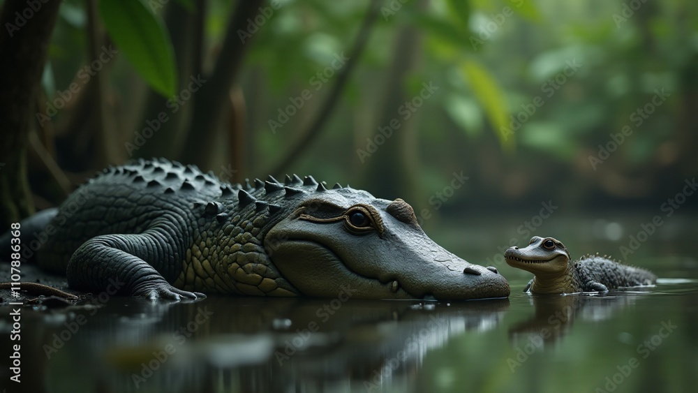 Fototapeta premium A mother alligator watches over her baby by the swamp. Their bond is highlighted by the calm waters and soft lighting, evoking a sense of care and protection in the wild.
